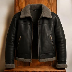 Schwarze Lammfell-Lederjacke für Herren - Echter Schaffell-Faux-Pelz-Fliegermantel, warmer Winter-Biker-Lower-Stil mit Pelzkragen-Geschenk für Ihn