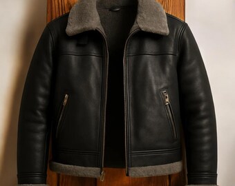 Men's Black Shearling Aviator Jacket – Genuine Sheepskin Leather, Fur Collar