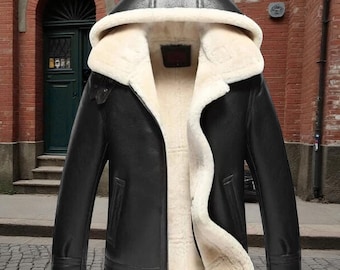 Handgemaakte zwarte shearling leren jas met capuchon | Gevoerde winterjas van imitatiebont met ritssluiting | Warm pilotenbommenwerpercadeau voor hem
