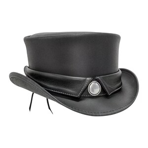 Men’s Black Leather Top Hat | Steampunk Cowboy Hat with Concho Band | Handmade Western Outback Hat Genuine Cowhide Festival Hat Gift for Him