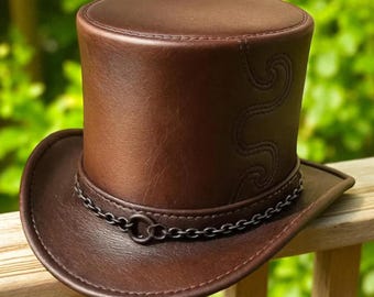 Brown Leather Steampunk Top Hat Handmade Gothic Festival Costume Hat