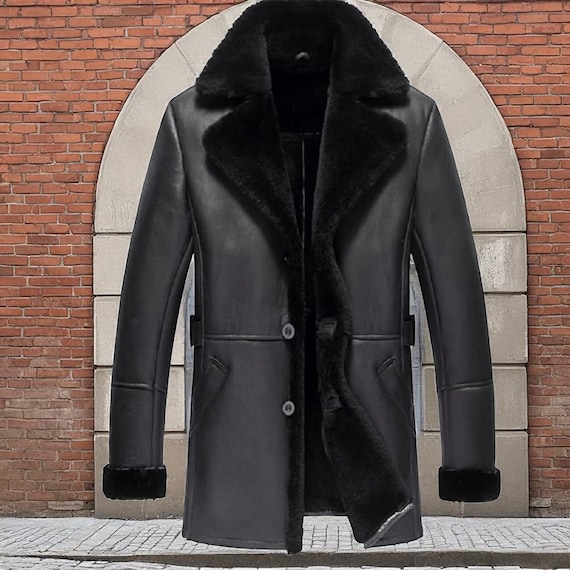 Handmade Black Shearling Leather Long Coat | Faux Fur Lined Winter Overcoat with Button Closure | Warm Trench Style Jacket Gift for Him