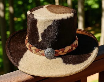 Handmade Hair-On Cowhide Top Hat | Western Braided Band, Concho