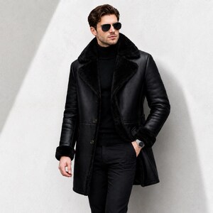 Handmade Black Shearling Leather Long Coat | Faux Fur Lined Winter Overcoat image 2