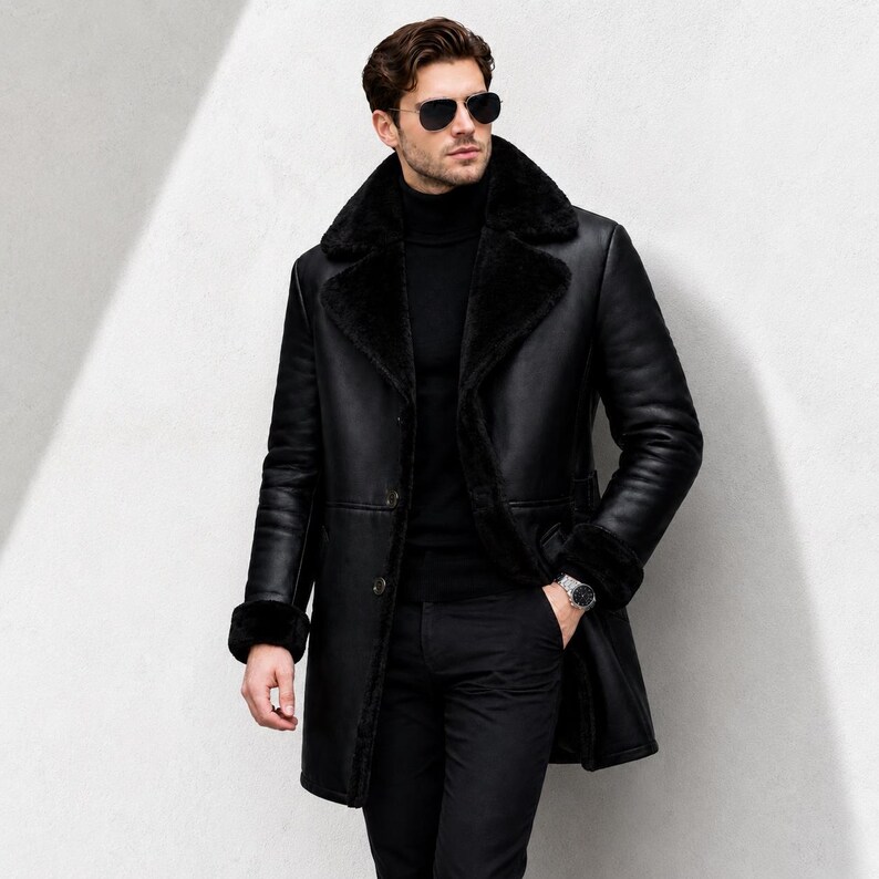 Handmade Black Shearling Leather Long Coat | Faux Fur Lined Winter Overcoat image 2
