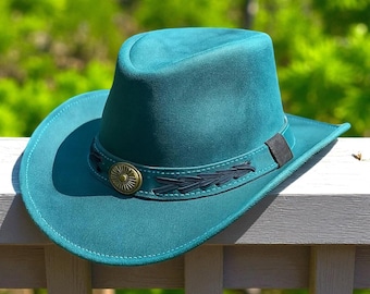 Turquoise Leather Cowboy Hat Handmade Western Outback Hat with Concho Band