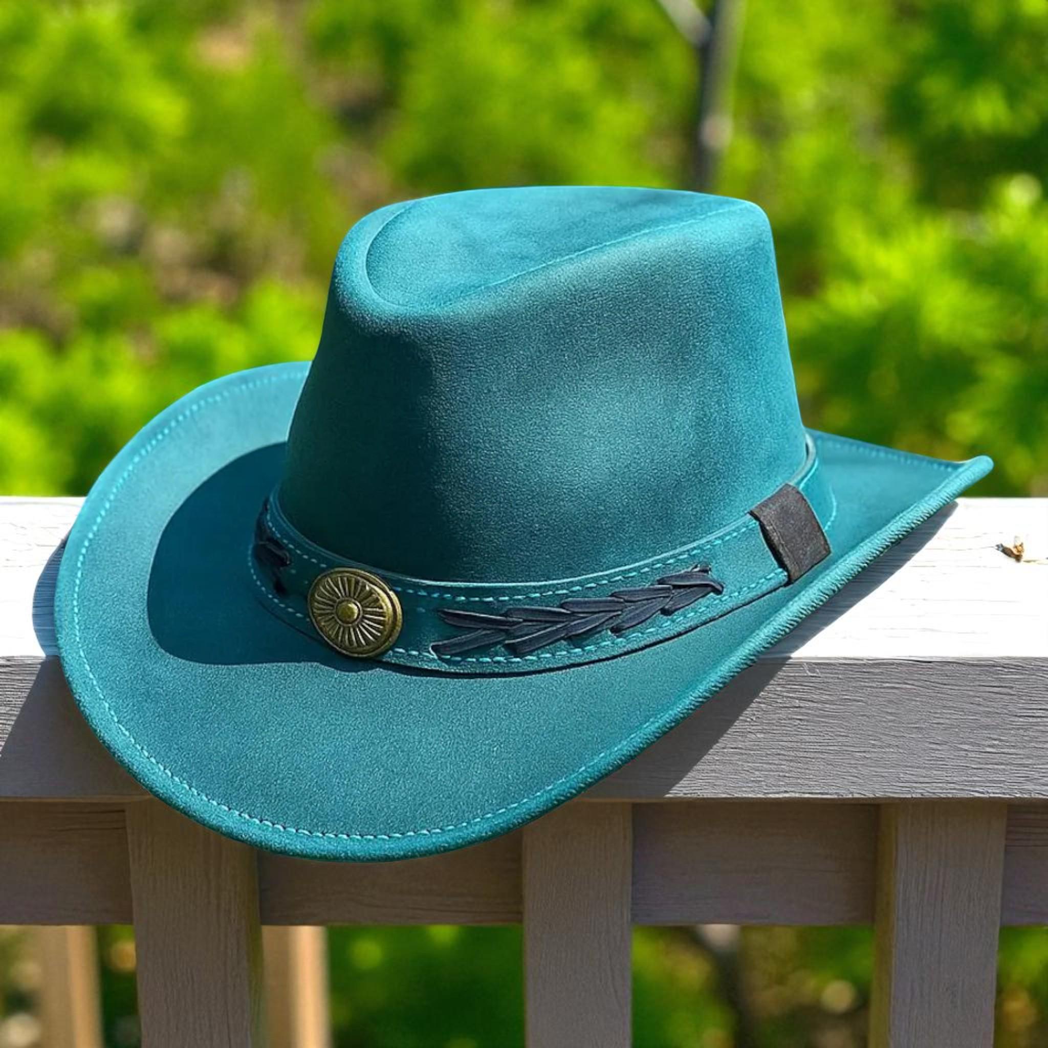 Women’s Tan Leather Western Hat with Turquoise Concho Brown Straw Cowboy Hat – Western Style with Turquoise  main image 3