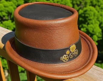 Handmade Brown & Black Leather Steampunk Top Hat | Victorian Gothic Festival Hat