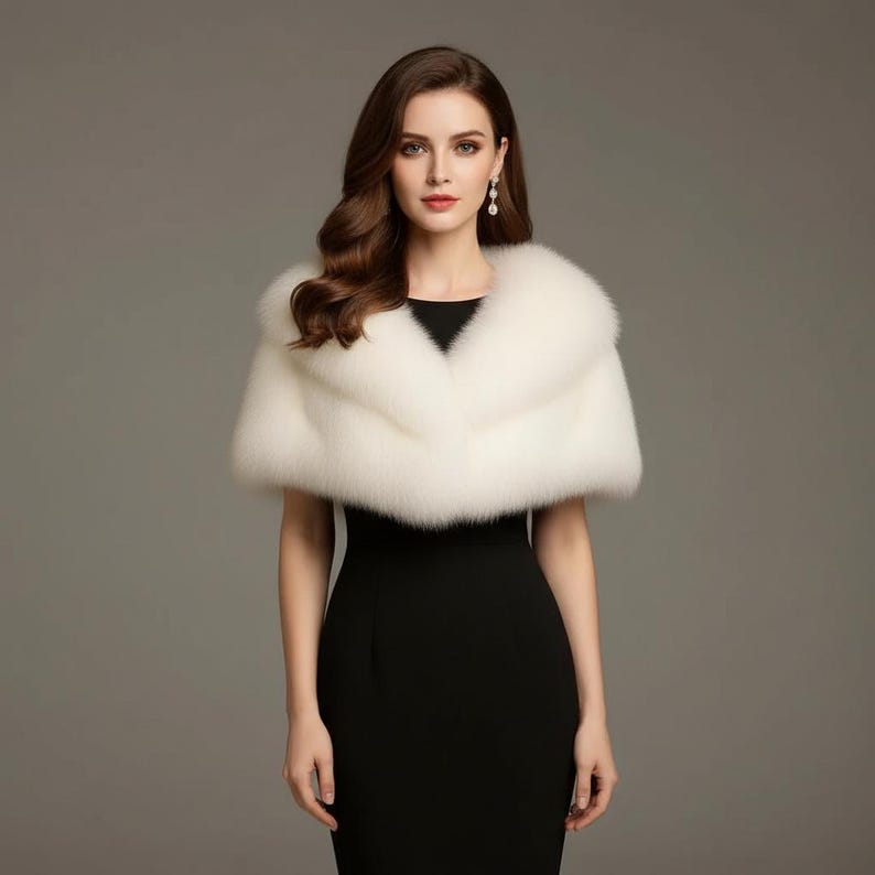 Puede incluir: Un chal de piel sint&eacute;tica blanco con un cuello ancho, sobre un vestido negro. El chal tiene una textura suave y esponjosa. La mujer de la imagen lleva pendientes colgantes.
