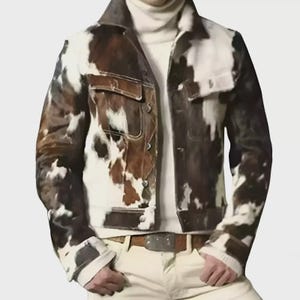 Men Cowhide Leather Jacket Brown White Black Hair-on Hide Western Jacket Vintage Handmade Cowboy Coat Rea Fur Outerwear Gift for Her
