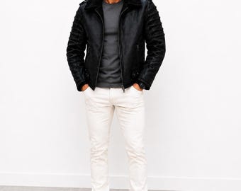 Handgefertigte schwarze Lammfell Fliegerjacke | Echtleder Biker Mantel