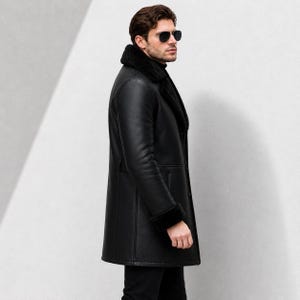 Handmade Black Shearling Leather Long Coat | Faux Fur Lined Winter Overcoat image 4