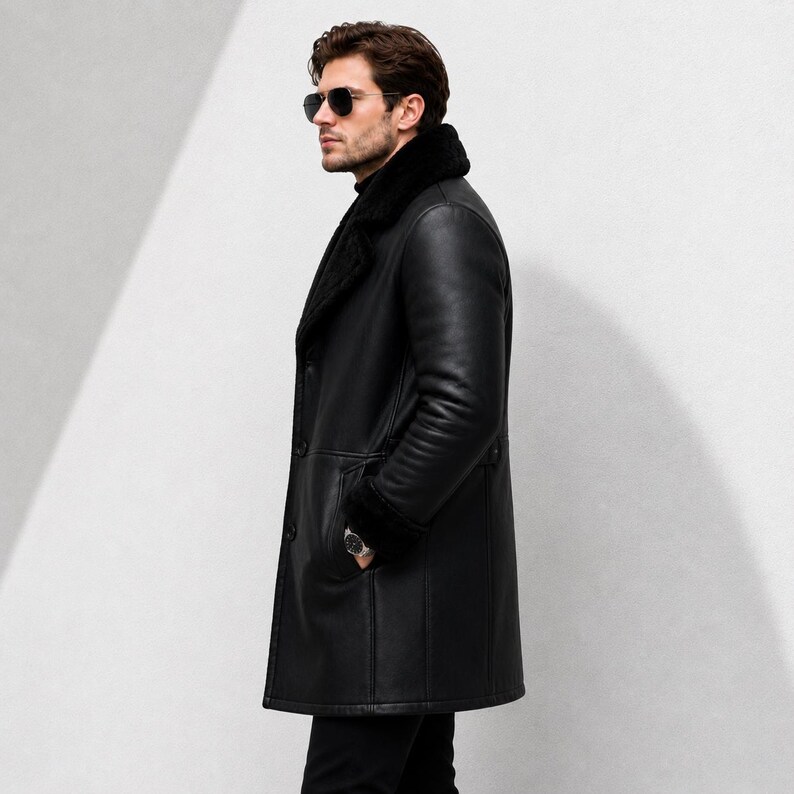 Handmade Black Shearling Leather Long Coat | Faux Fur Lined Winter Overcoat image 5