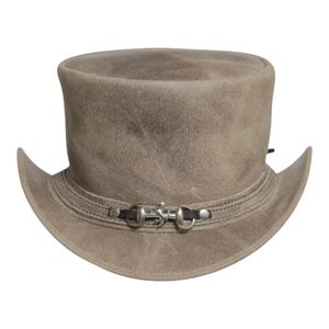 Handmade Distressed Brown Suede Leather Top Hat with Decorative Band. Steampunk Festival Costume Hat, Vintage Western Style for Men & Women