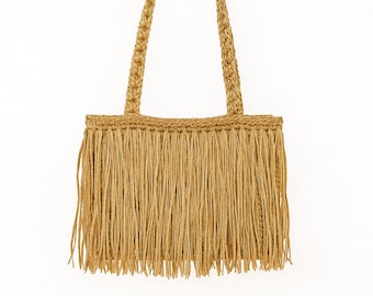 Handmade Raffia Fringe Bag: Boho Woven Shoulder Tote, Beach Purse