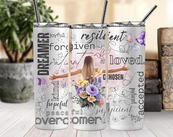 Vaso delgado de 20 oz con afirmaciones positivas, diseño de sublimación, descarga digital PNG instantánea, SOLO DIGITAL, vaso inspirador con mariposa