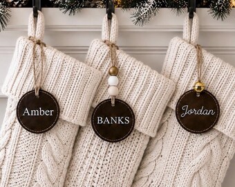 Custom stocking name tags, family stocking label, Christmas decor, personalized stocking tags, holiday gift tag, leather stocking tag, gifts