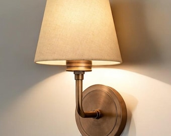 Antique Wall Sconce with Fabric Lamp Shade | Mid Century Brass Wall Lamp |  Minimalist Bedside Wall Lighting | Farmhouse Bedside Wall Light
