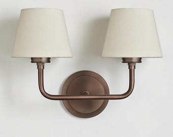 Brass Wall Lamp with Linen Shade, Minimalist Bedroom Sconce, Vintage Home Decor Wall Lamp, Curved Arm Sconce, Farmhouse Bedside Wall Light