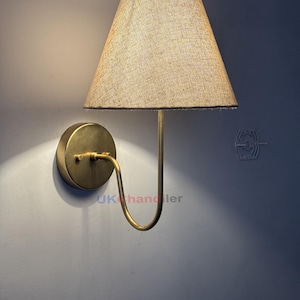 Mid-Century Antique Wall Sconce with Fabric Lamp Shade, Vintage Home Decor Wall Lamp, Curved Arm Sconce, Farmhouse Bedside Wall Light