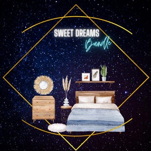 Puede incluir: Ilustración de una escena de dormitorio con una cama, una cómoda y elementos decorativos. La imagen incluye el texto "Sweet Dreams Bundle". La cama tiene una manta a rayas azules y blancas.