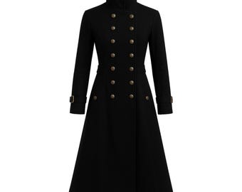 Schwarzer Gothic Herren Trenchcoat | Zweireihiger Baumwollmantel | Steampunk-viktorianische Jacke | Handgefertigt