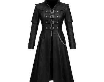 May include: A long, black leather coat with a high collar, shoulder accents, and multiple buckle closures down the front. The coat features a flared skirt, long sleeves, and a decorative chain detail. A stylish, gothic-inspired outerwear garment.