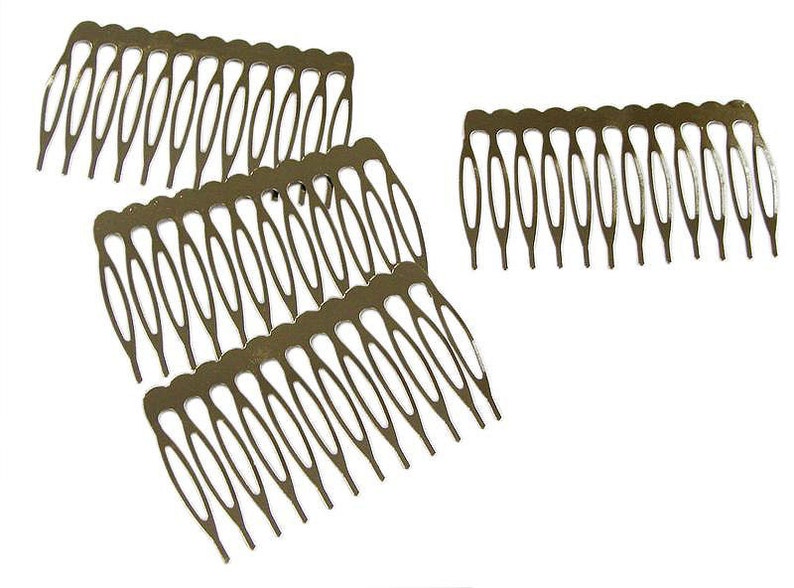 May include: Several gold-toned metal hair combs are arranged against a white background. The combs have a scalloped top edge and a series of evenly spaced teeth. The design is simple and elegant, suitable for various hairstyles.