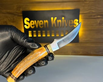 Handmade 440C Steel Camping Knife | Deer Antler Handle & Leather Sheath