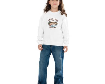 Sudadera juvenil Trout Town USA con cuello redondo / Sudadera de pesca / Sudadera juvenil / Roscoe, NY / Kelder Castworks