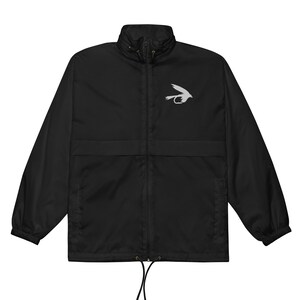 May include: Black windbreaker jacket with a white fly fishing lure graphic on the chest. The jacket has a full zipper, a stand-up collar, and two front pockets. The bottom hem has a drawstring for adjustment.