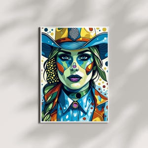 Bold Cowgirl Art | Pop Art Cowgirl | Western Wall Print | Boho Digital Download | Vibrant Western Artwork | Colorful Cowgirl Portrait
