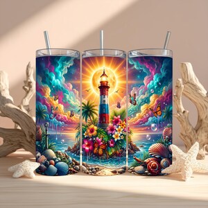 May include: A cylindrical tumbler with a straw featuring a vibrant, colourful design of a lighthouse, tropical flowers, butterflies, and a sunset over the ocean. The artwork includes bright clouds, palm trees, seashells, and a rocky shoreline.
