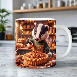 May include: A white ceramic mug featuring a graphic of a badger wearing a green sweater and brown apron, pouring caramel sauce over a pecan pie. The scene includes cinnamon sticks, a rolling pin, and small bowls on a wooden surface.