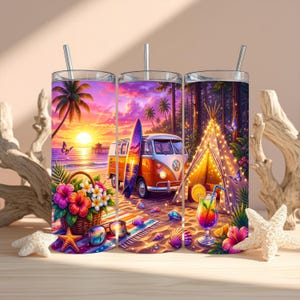 May include: A cylindrical tumbler featuring a vibrant beach scene with a sunset, a vintage orange van, a surfboard, a basket of tropical flowers, a lit-up teepee, a cocktail, seashells, and sunglasses, topped with a clear lid and a metal straw.