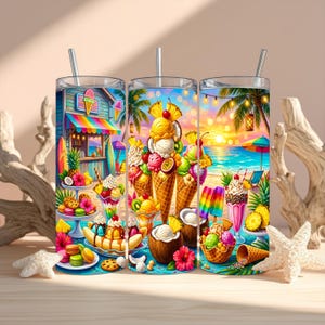 Könnte beinhalten: Ein zylindrischer Becher mit Strohhalm, der eine lebhafte tropische Strandszene mit Eiswaffeln, Bananensplits, bunten Eis am Stiel und fruchtigen Desserts zeigt. Das Design umfasst eine Strandhütte, Palmen und einen Sonnenuntergang am Meer.