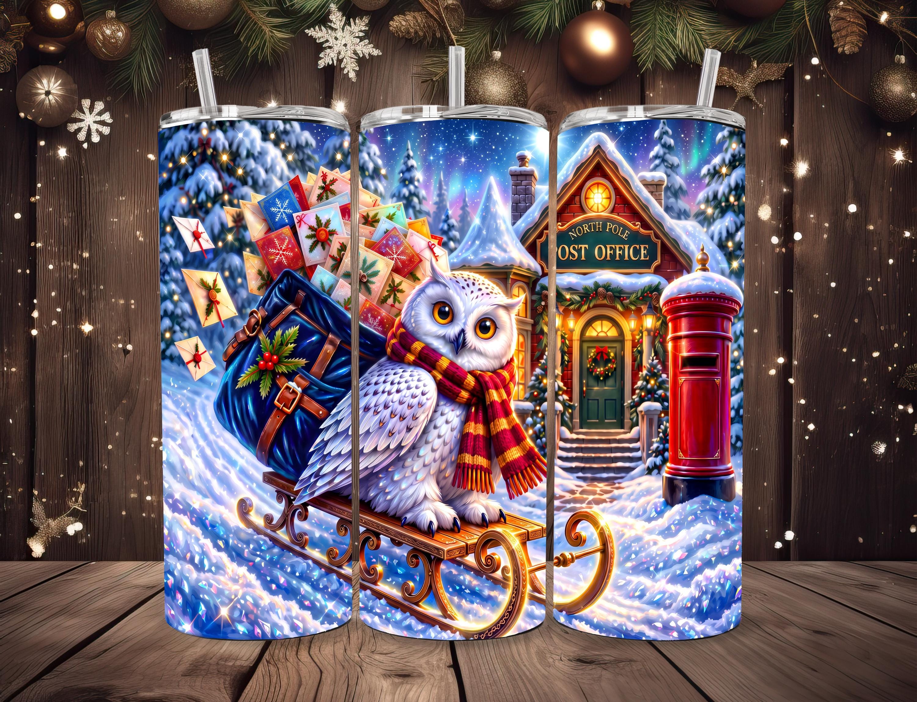 Christmas Owl Tumbler Wrap PNG 20oz Skinny, North Pole Post Office Owl Sublimation Design, Santa Mai