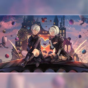 Peut inclure: Illustration de style anime représentant deux personnages vêtus de noir et aux cheveux blancs, assis sur un pont. En arrière-plan, une ville, des feux d'artifice et des sphères flottantes. Le ciel est rempli de feux d'artifice colorés.