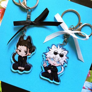 Jujutsu Kaisen Chibi SatoSugu Cat Keychains - Gojo Satoru/Geto Suguru - Cute Anime Clear Acrylic Keychain, Phone or Bag Charm with Ribbon