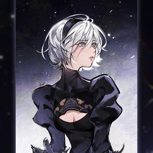 May include: Anime-style illustration of a character with short white hair and a black headband. The character wears a black dress with a keyhole design and puffy sleeves. The background is a dark, starry night.