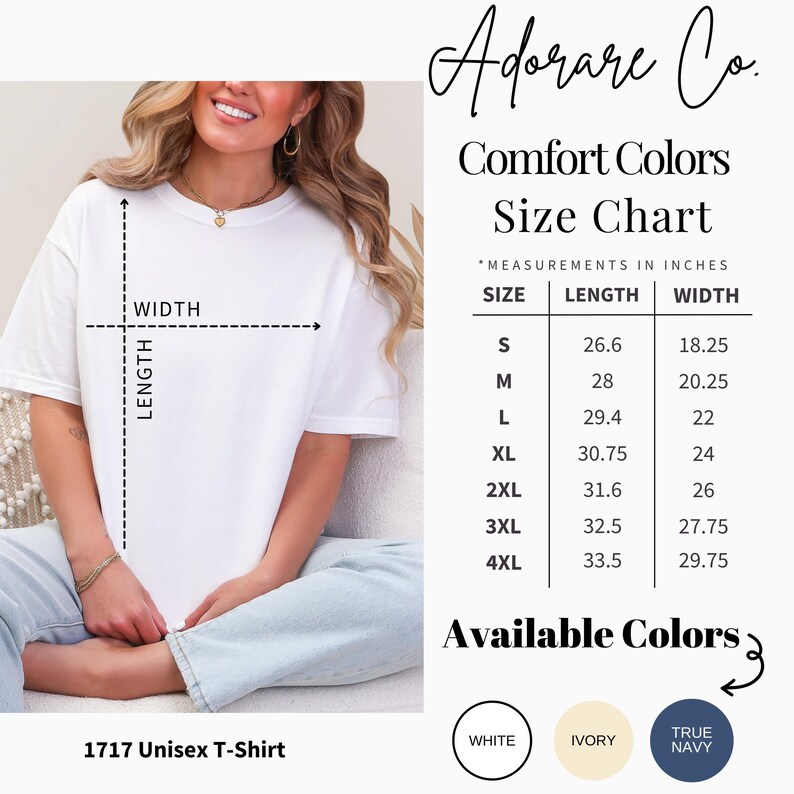 Peut inclure: Un t-shirt unisexe blanc avec un tableau des tailles indiquant les mesures en pouces. Le tableau r&eacute;pertorie les tailles S &agrave; 4XL, avec les mesures de longueur et de largeur correspondantes. Les couleurs disponibles sont le blanc, l'ivoire et le bleu marine. La marque "Adorare Co." est affich&eacute;e.