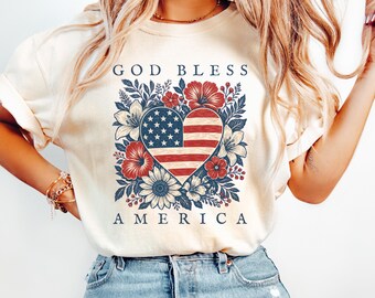 God Bless America Shirt, Christian Patriotic Floral T-Shirt, USA Flag Tee, 4th of July Shirt