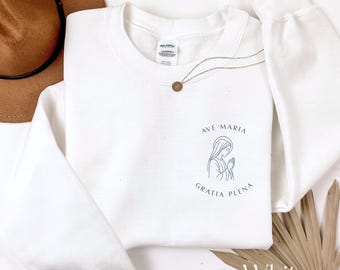 Latin Hail Mary Sweatshirt, Catholic Marian Sweater, Ave Maria Prayer Shirt, Minimalist Mother Mary Crewneck, Christian Faith Gift