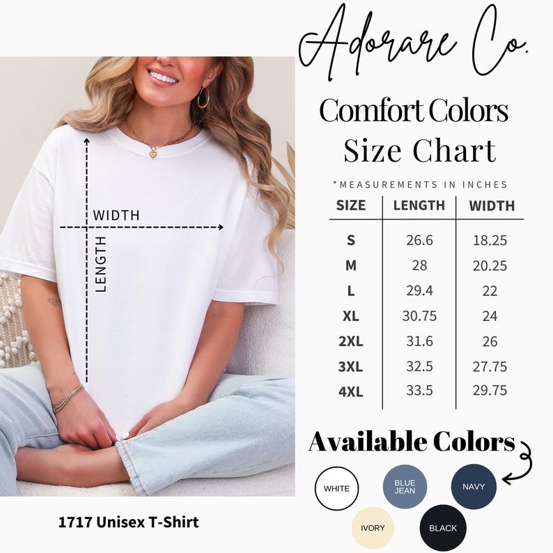 Pu&ograve; includere: T-shirt unisex bianca con tabella taglie che mostra le misure di lunghezza e larghezza in pollici. I colori disponibili includono bianco, blu jeans, blu navy, avorio e nero. La t-shirt &egrave; etichettata come "1717 Unisex T-Shirt."