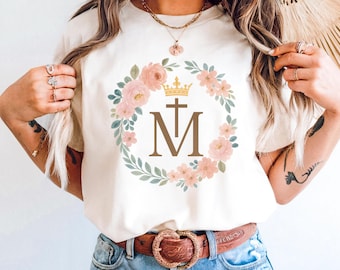 Catholic Virgin Mary T-Shirt, Marian Catholic T-Shirt, Floral Women Religious Shirts, Blessed Mother Tee, Christian Religious Gift