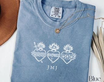 Three Hearts Shirt, Holy Family Hearts T-Shirt, JMJ Catholic Tee, Religious Gift