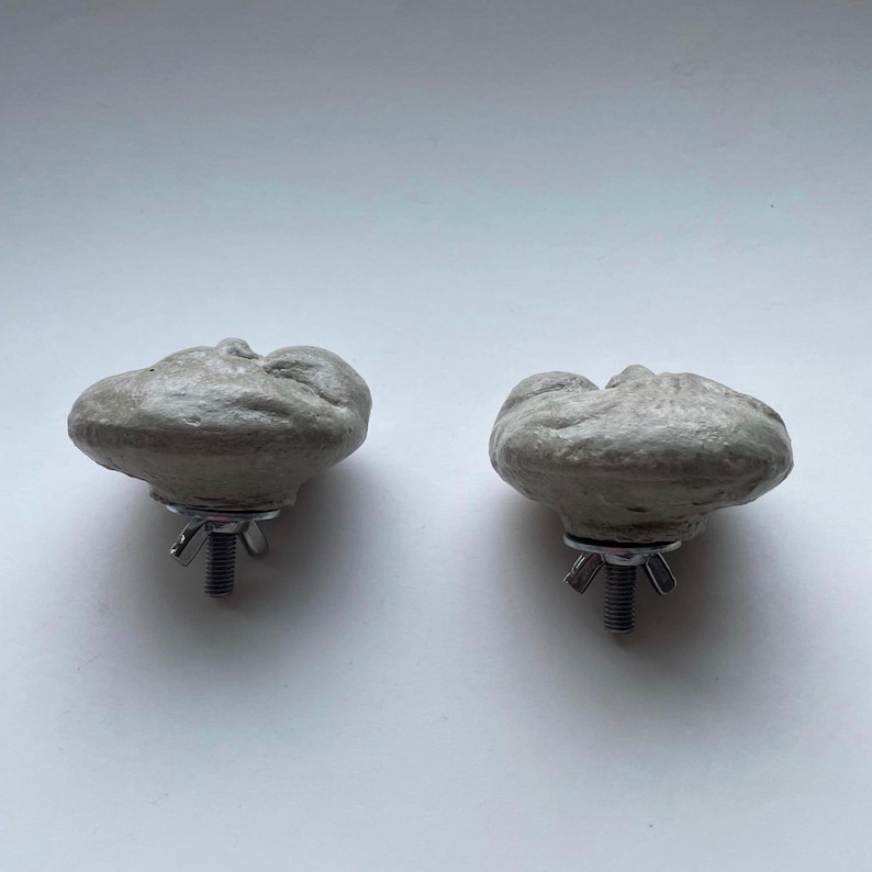 K&ouml;nnte beinhalten: Zwei graue, pilzf&ouml;rmige Schrankkn&ouml;pfe mit strukturierten Oberfl&auml;chen. Jeder Knopf hat eine Metallschraube und eine Fl&uuml;gelmutter zur Befestigung. Die Kn&ouml;pfe bestehen aus einem betonartigen Material.