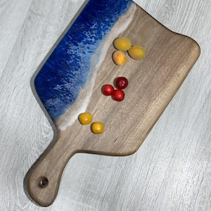 Handmade Walnut & Epoxy Ocean Wave Serving Board: Live Edge Kitchen Decor