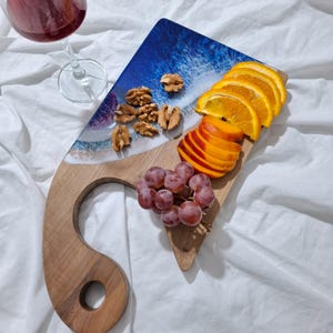 Handmade Walnut & Epoxy Ocean Wave Serving Board: Live Edge Kitchen Decor