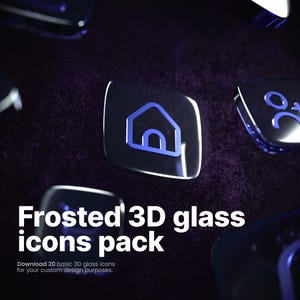 May include: Frosted 3D glass icons pack with a home icon. The image shows several glossy, dark blue icons with a frosted appearance. The text reads "Download 20 basic 3D glass icons for your custom design purposes."